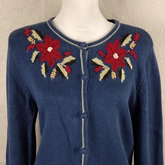 Christopher & Banks Hand Embroidered Poinsettia Blue Button Up Cardigan Sweater - Picture 2 of 13